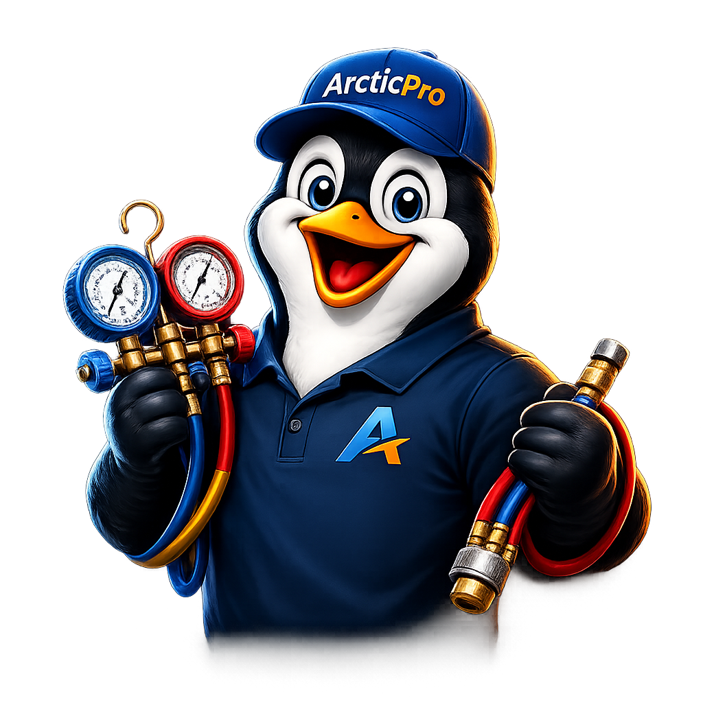 ArcticPro penguin mascot holding HVAC gauges